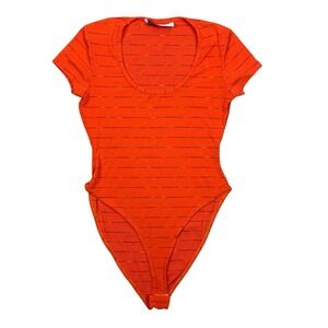 Adam Pour Eve Paris Orange Ribbed Stripe Scoop Neck Bodysuit Large